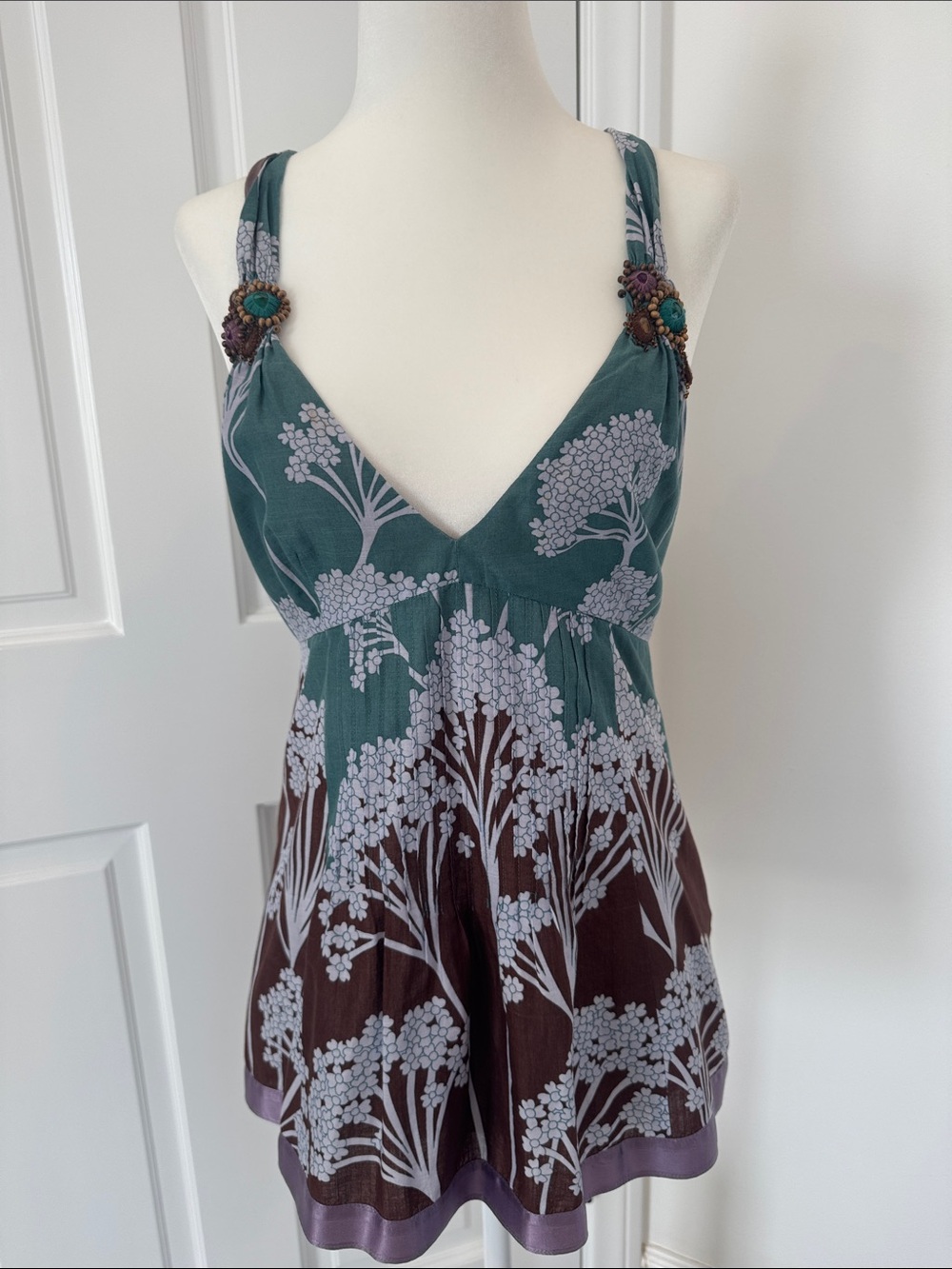 Rebecca Taylor Teal, Brown & Lavender Floral Halter Tank